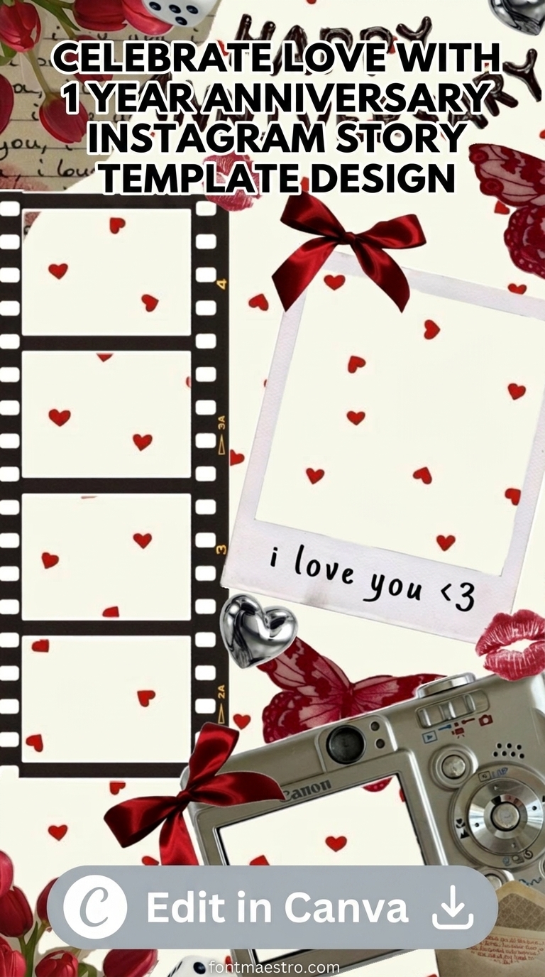 1 year anniversary instagram story template design hearts flowers camera editable