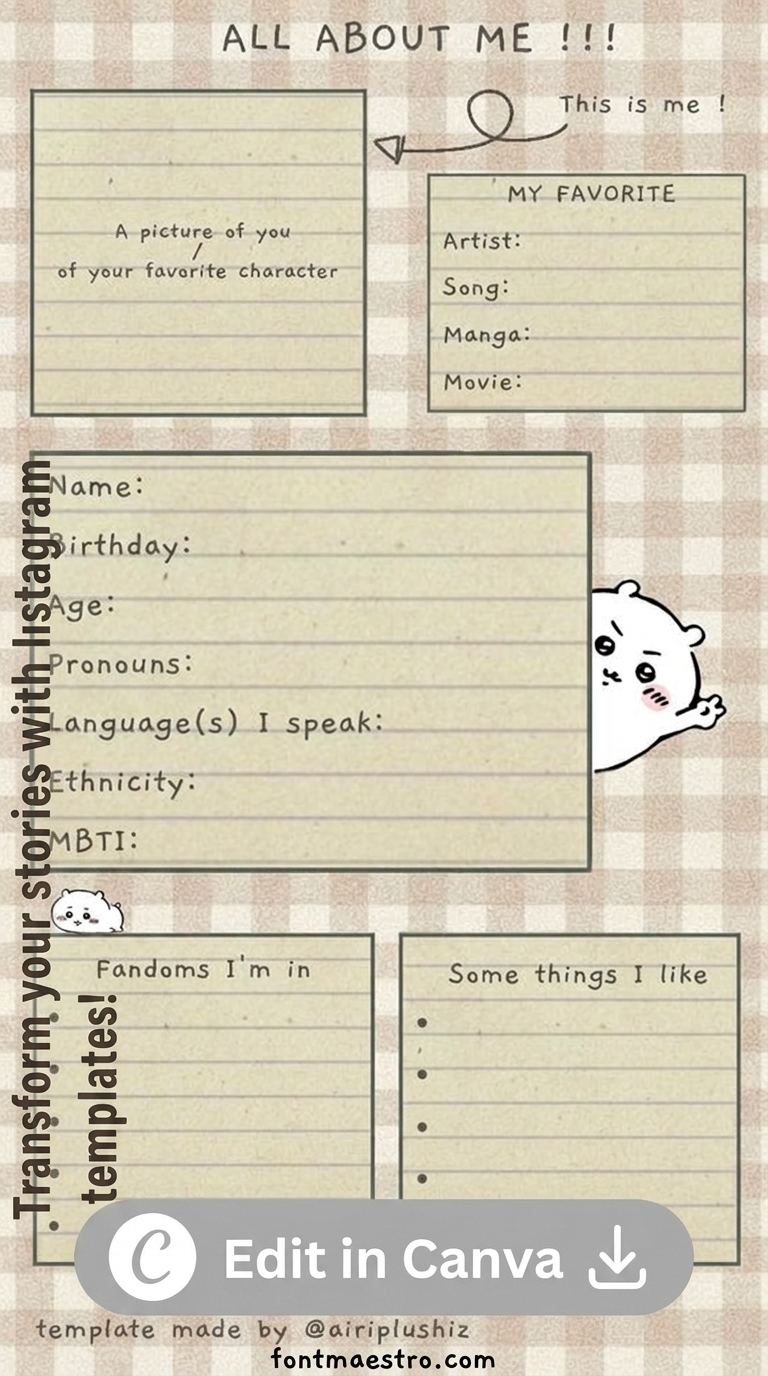 list instagram story template all about me introduction style editable