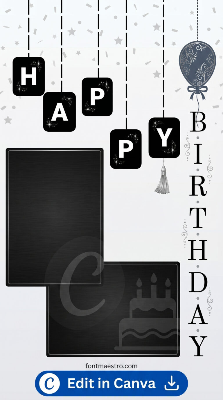 template happy birthday story instagram aesthetic black elegant monochrome printable editable