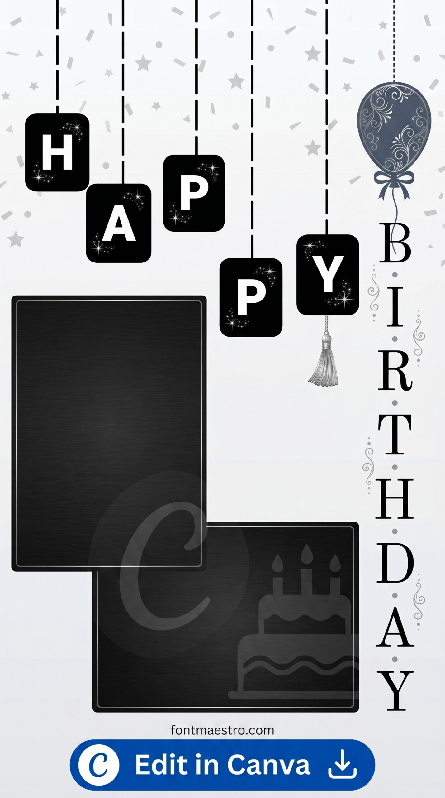 template happy birthday story instagram aesthetic black elegant monochrome printable editable