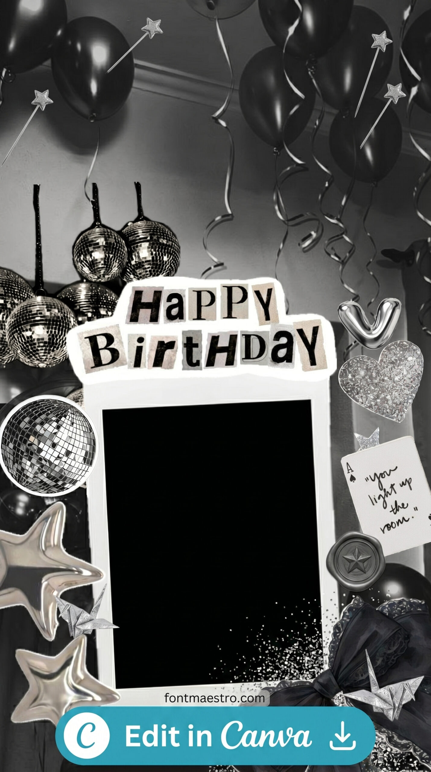 template happy birthday story instagram aesthetic black festive balloon design printable editable