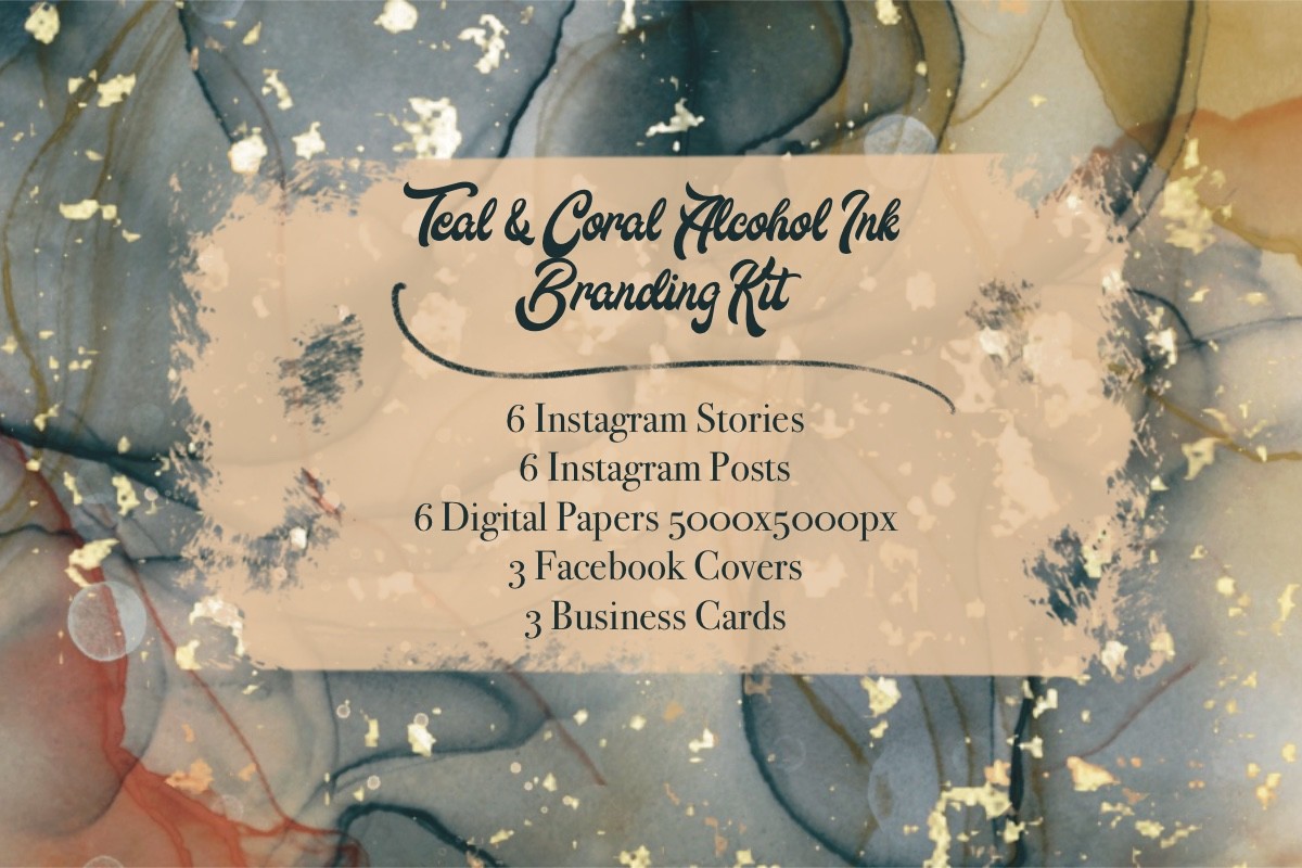 instagram template for story blue teal coral alcohol ink branding kit canva template