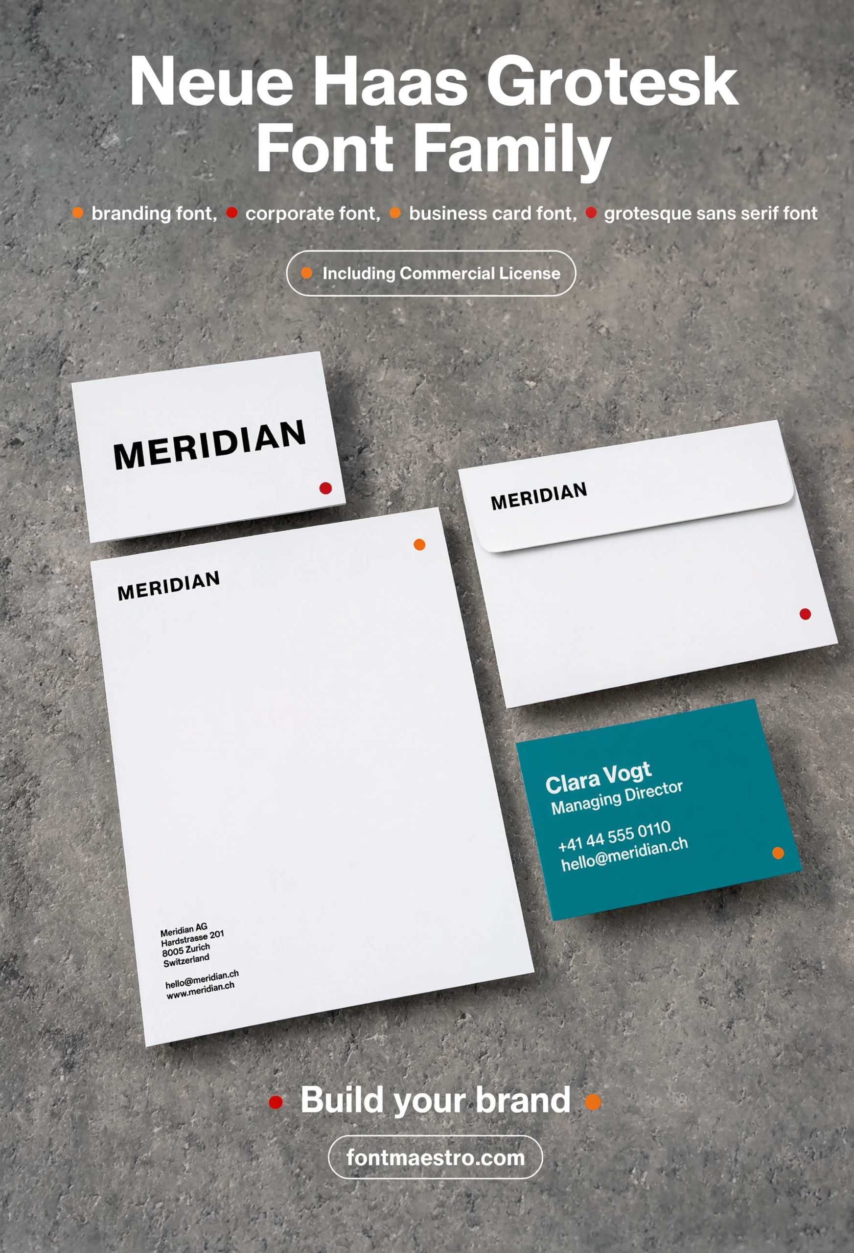 classic font styles Neue Haas Grotesk stationery layout