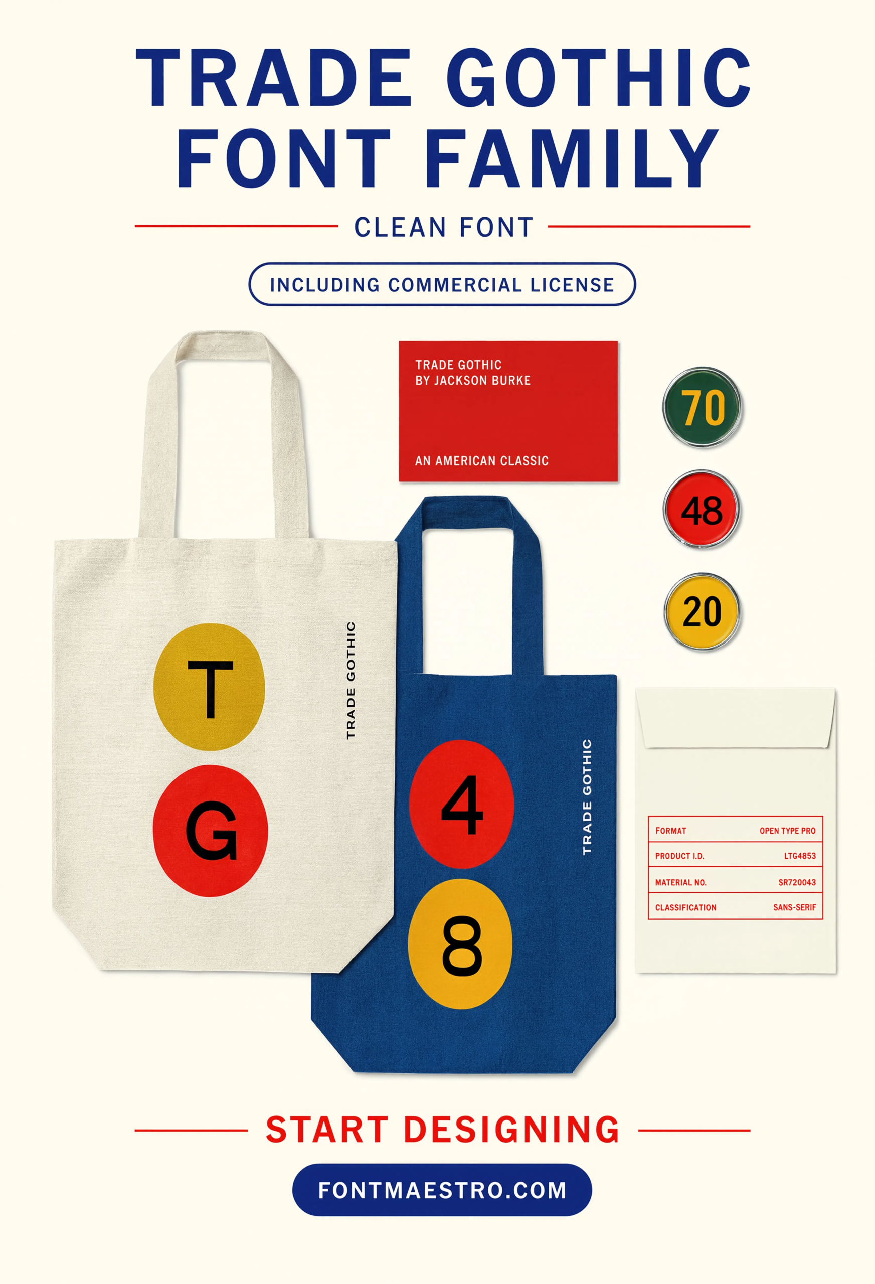 font styles bold Trade Gothic merch flatlay