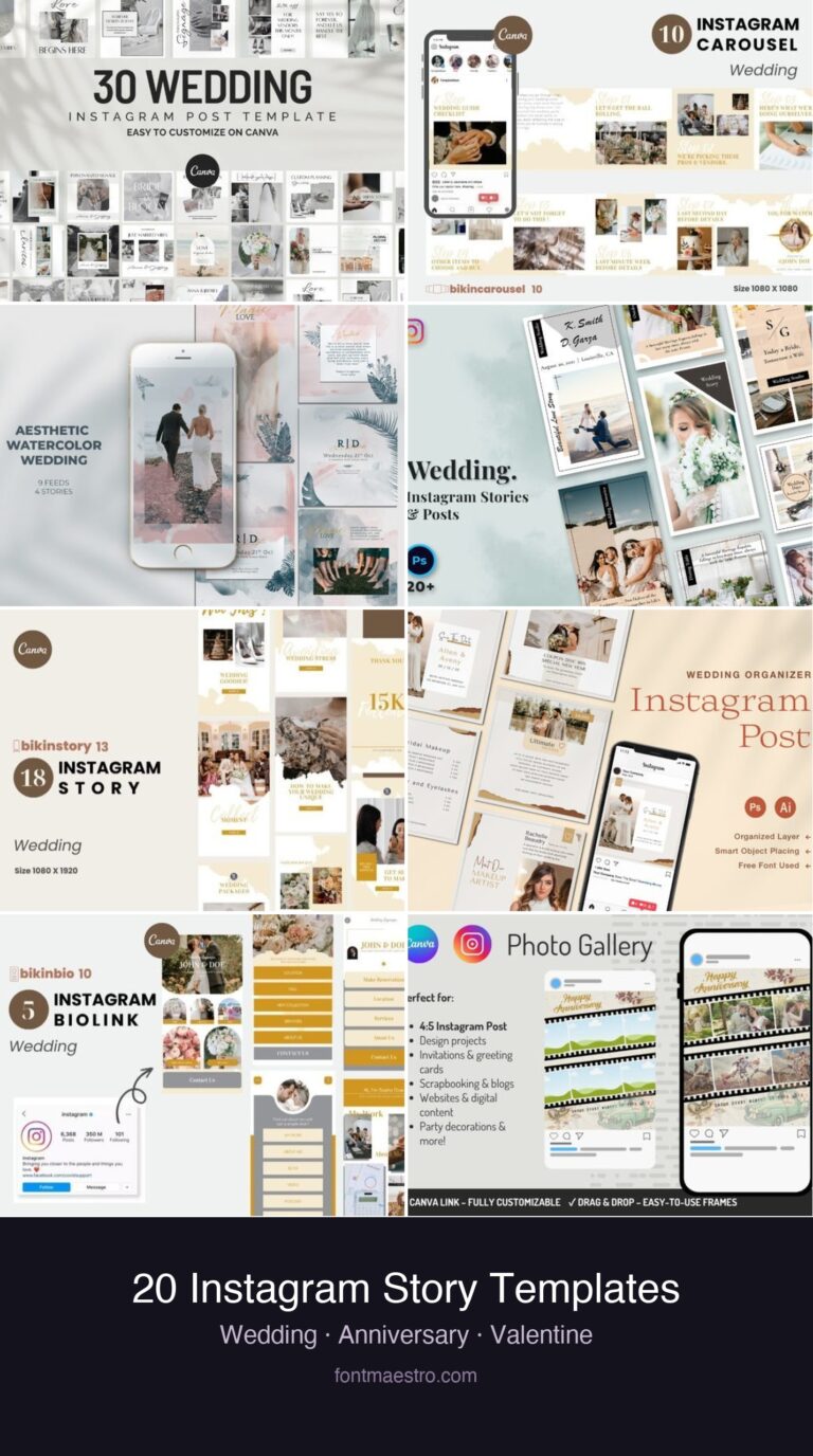 20 Instagram Story Templates Wedding — Anniversary, Valentine & Engagement Designs