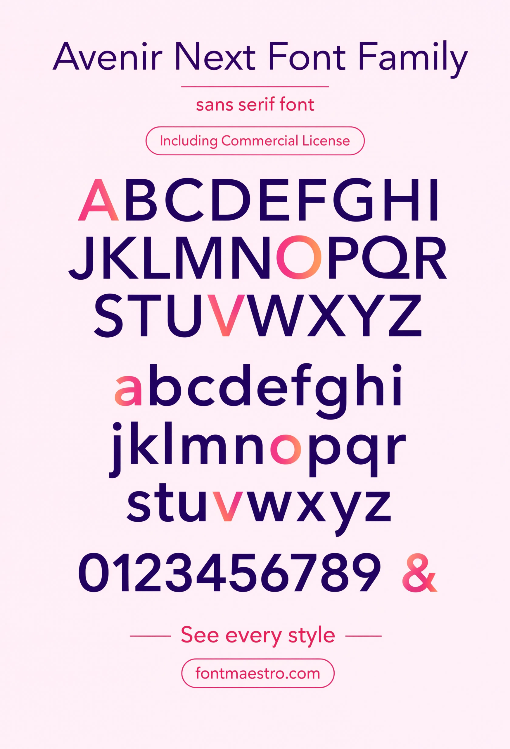 sans serif font Avenir Next alphabet specimen