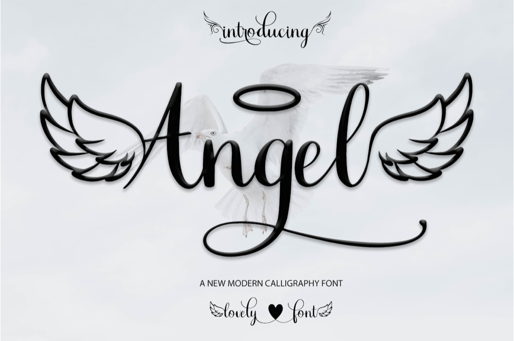 Angel script font preview showing swashes and alternate glyphs