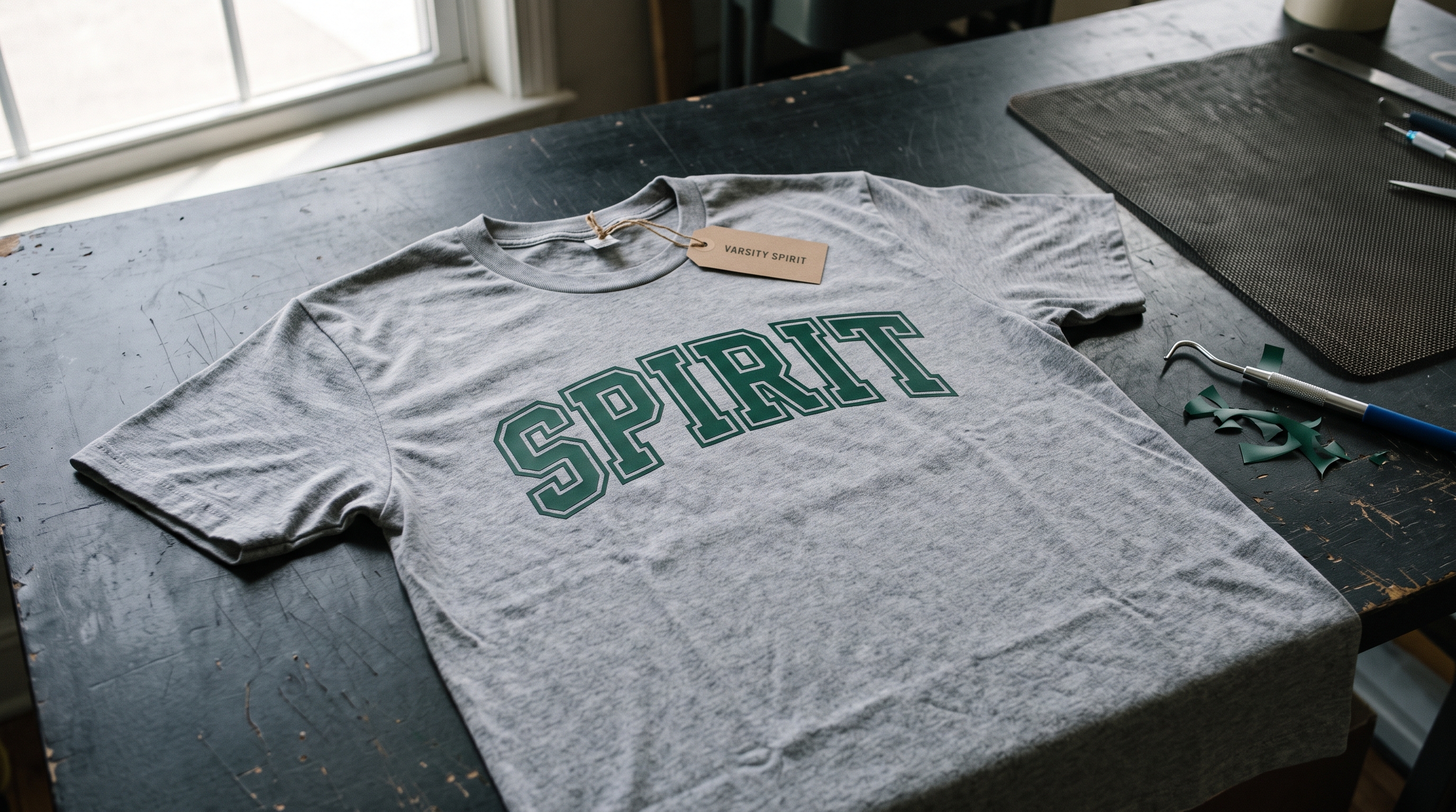 Cheer Fonts for Cricut That Weed Clean on Spirit Wear in 2026 1 Spirit-wear tee pressed with layered varsity lettering beside a weeding hook