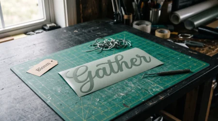 Cursive vinyl word weeded on a Cricut mat with no gaps between letters