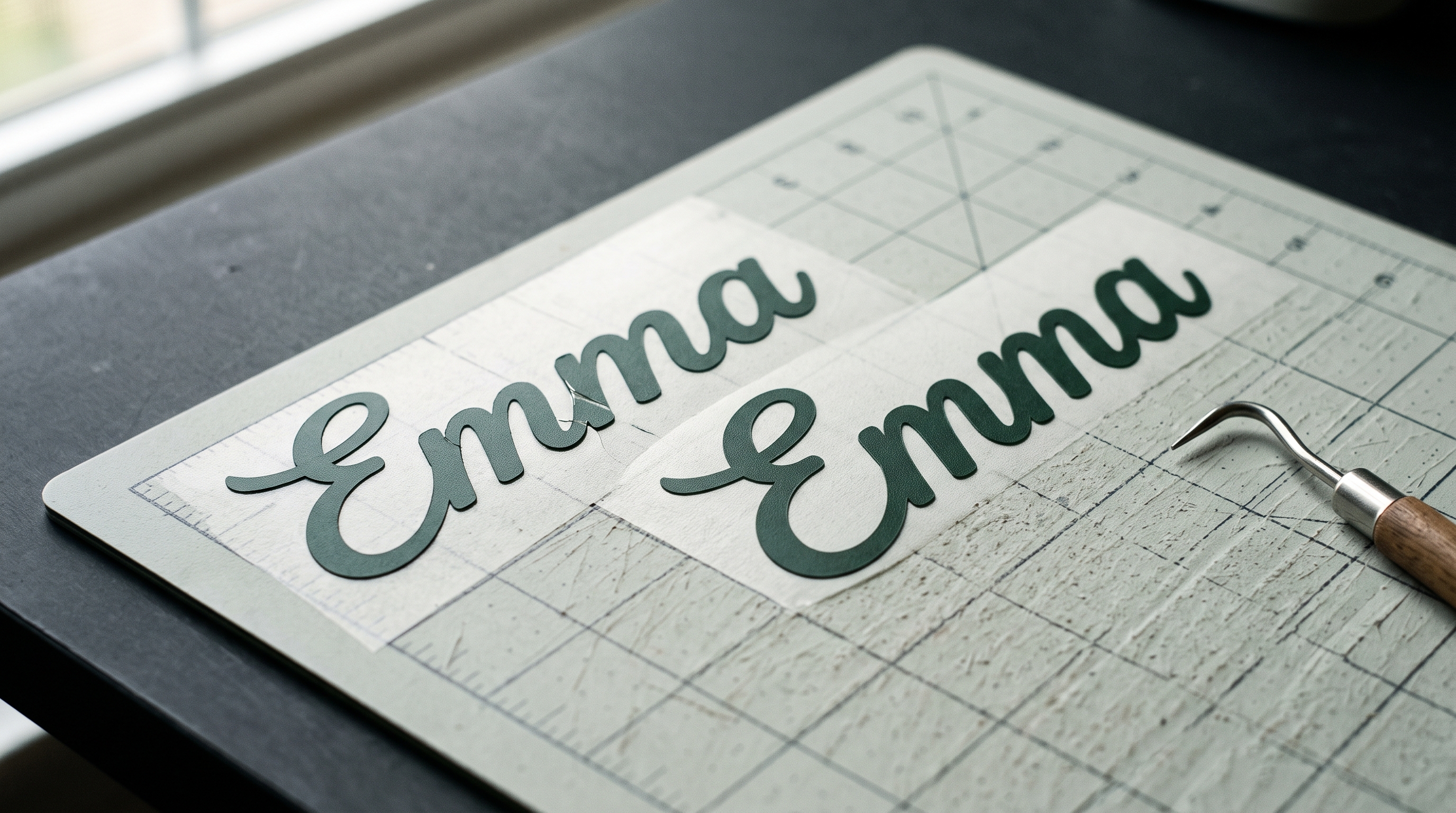 Two cursive vinyl decals of the same name, one with split joins and one welded into a single piece
