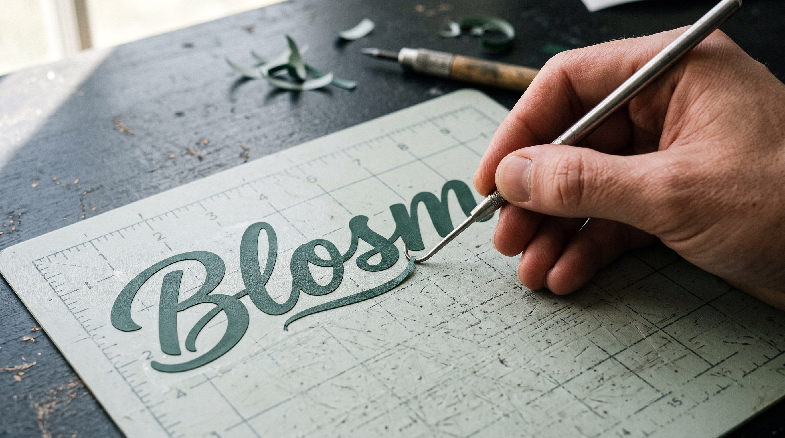 Weeding hook tucking a cursive vinyl letter tail back against the next letter to close a gap