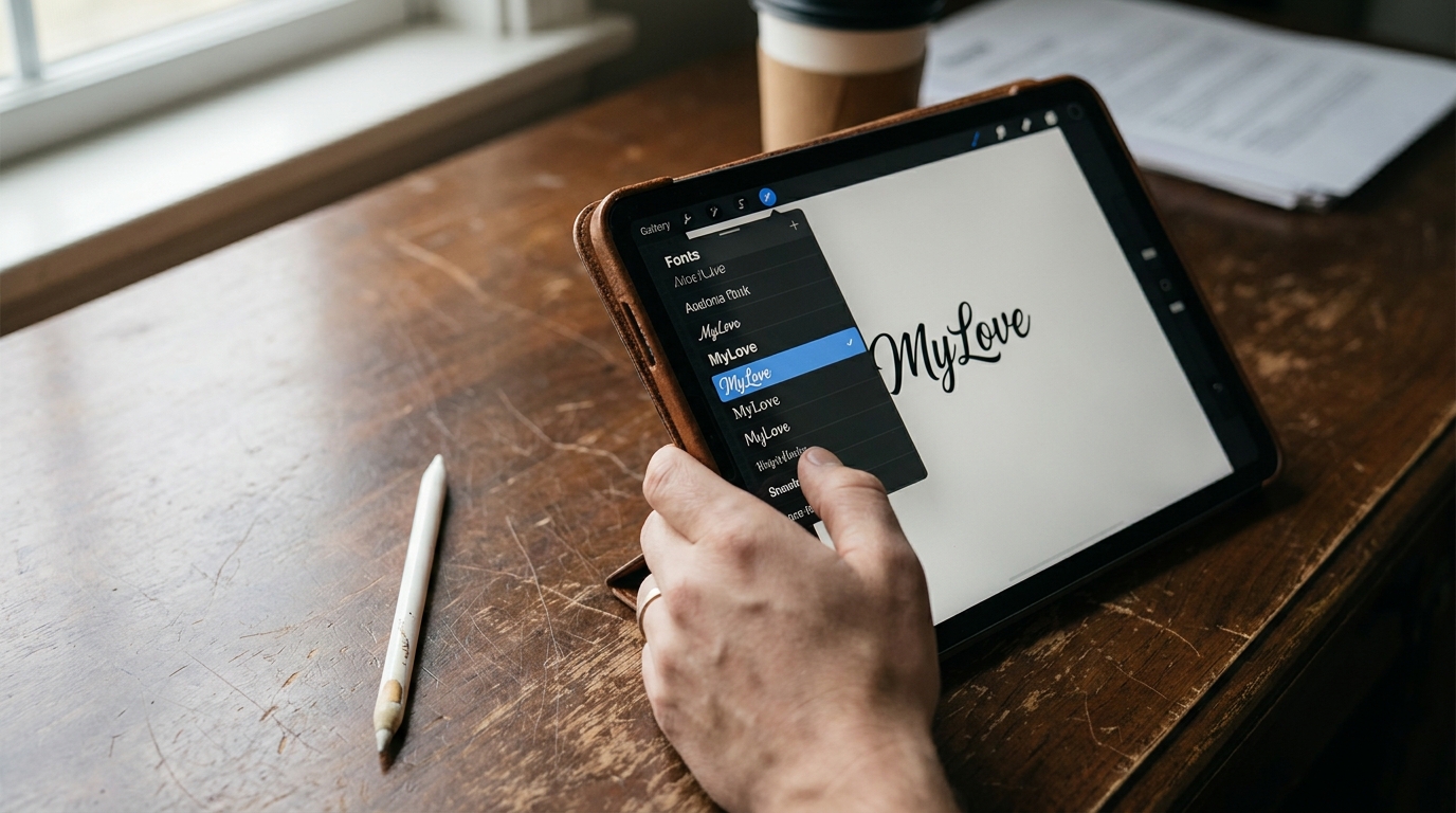 installing the MyLove font in Procreate on iPad, font list open in the Fonts panel