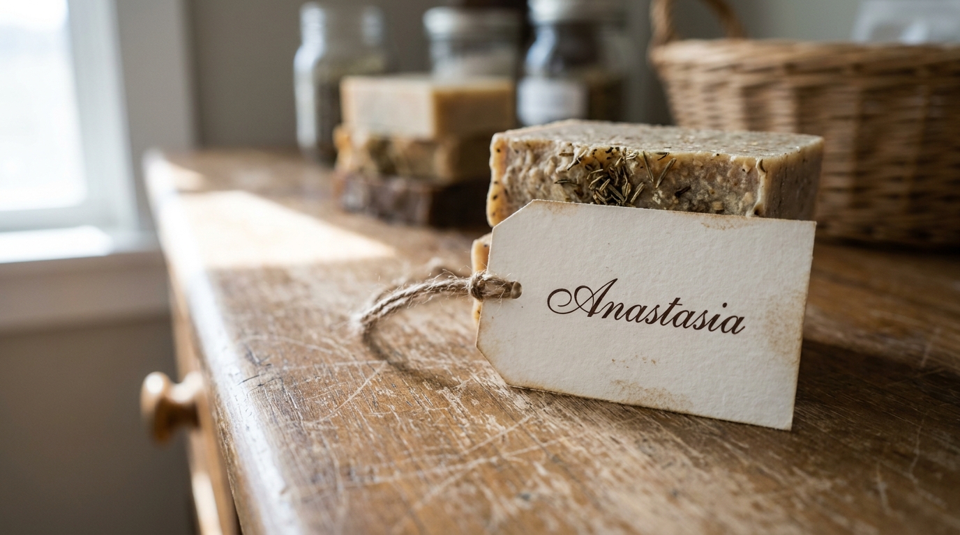Anastasia script font name printed on a product tag for a license check before selling, Procreate font guide