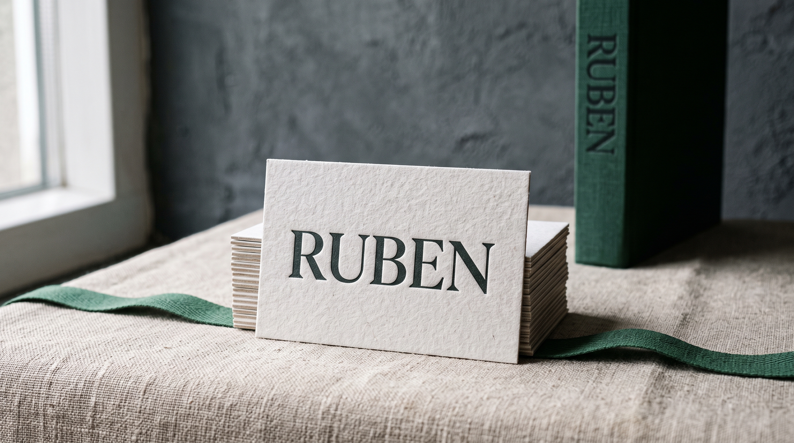 Letterpressed business card with a high-contrast serif wordmark