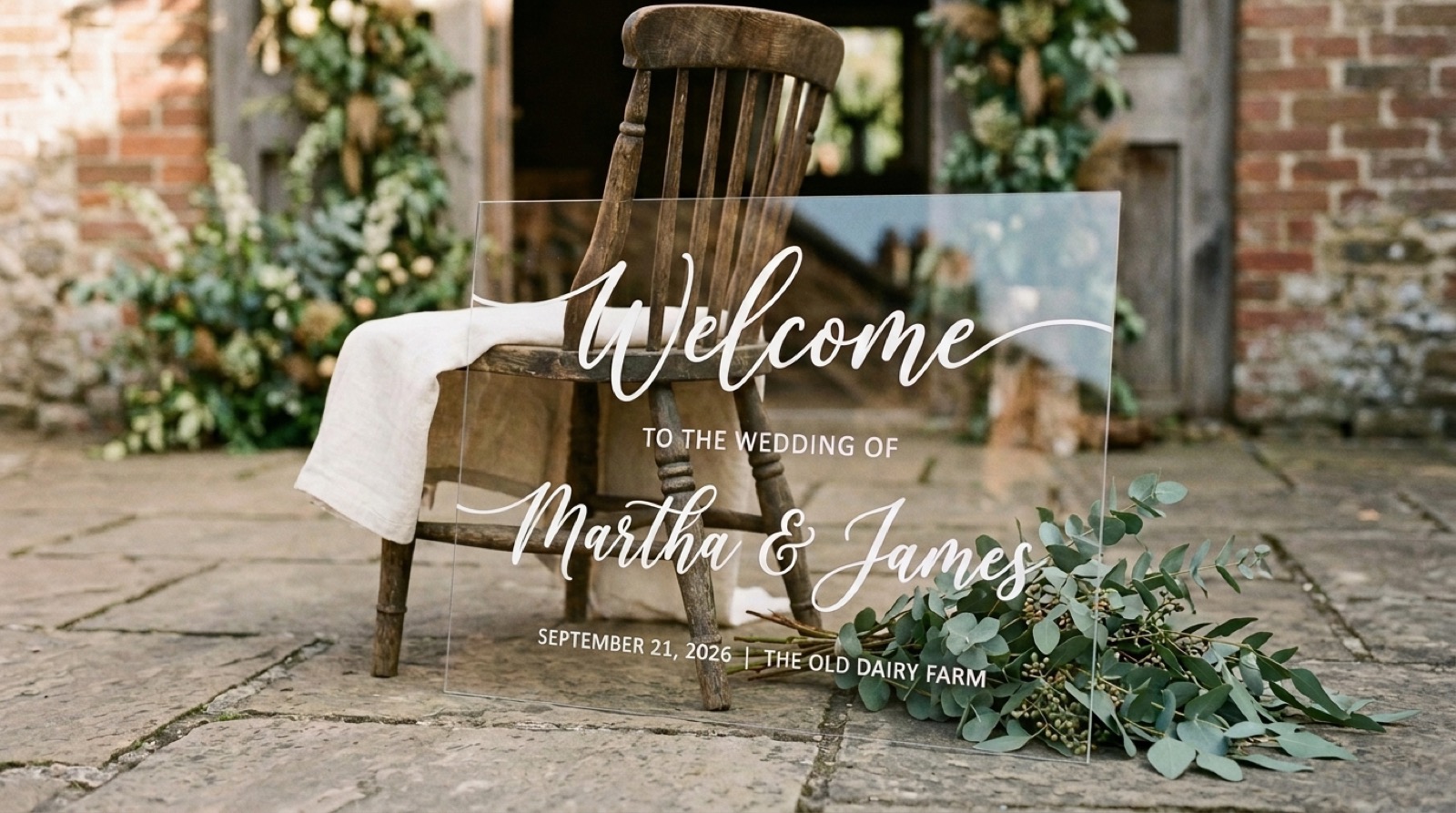 Welcome sign cut in white vinyl on clear acrylic, strokes holding at full sign size
