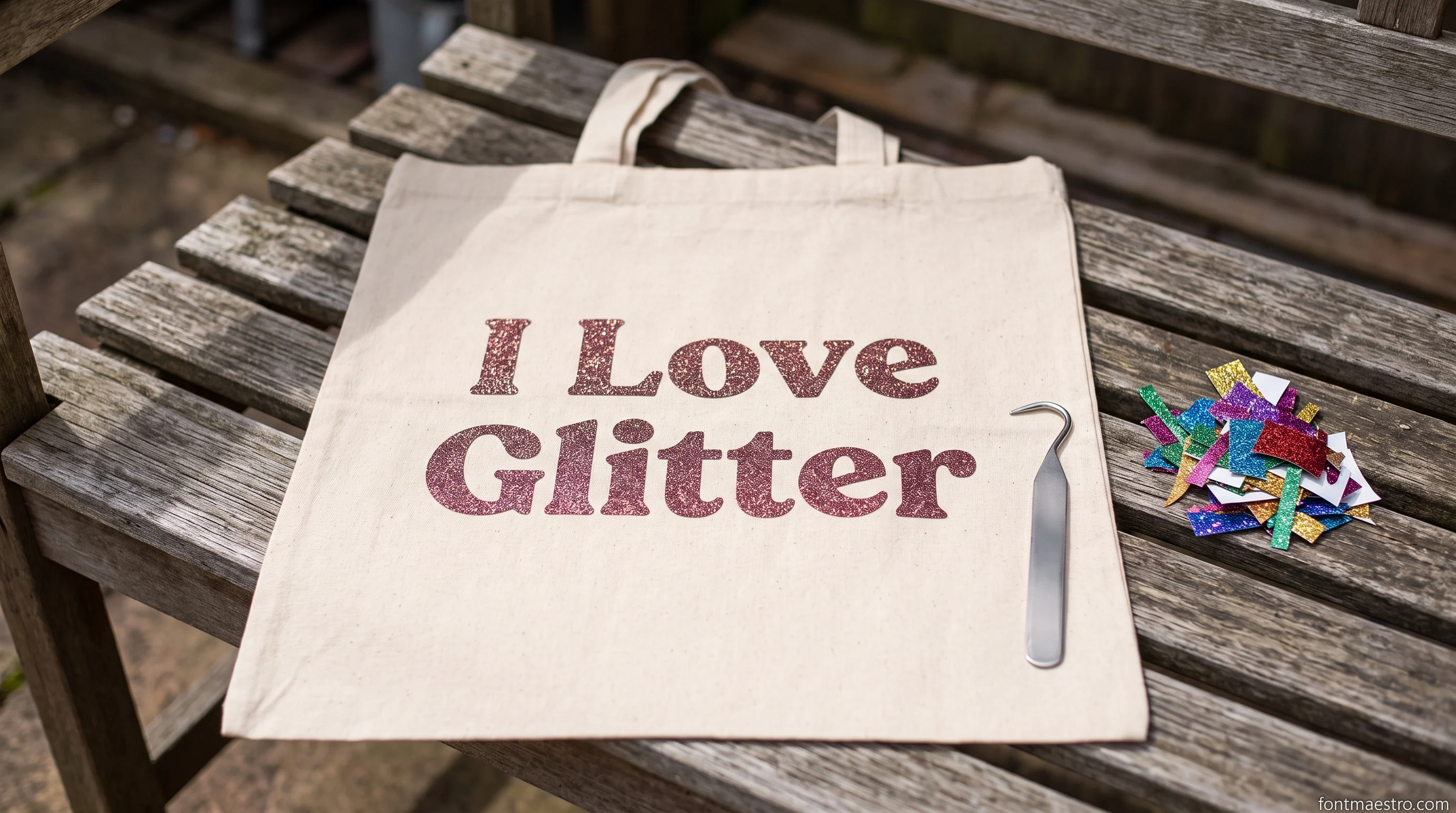 Cheer Fonts for Cricut That Weed Clean on Spirit Wear in 2026 12 I Love Glitter script weeded clean on a cheer bow with an unbranded metal hook, no stray connector threads