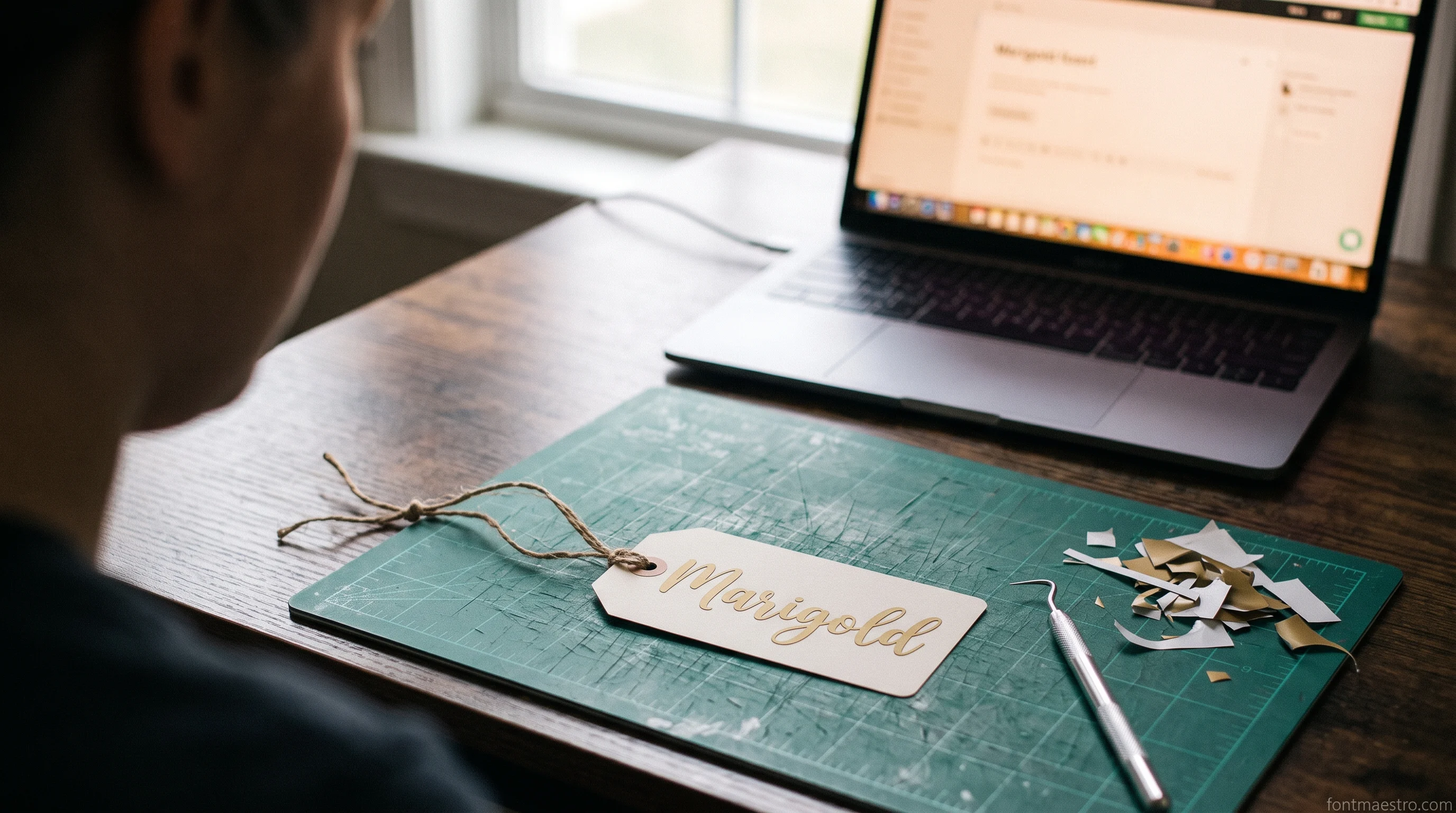 Marigold cut file scaled down to gift-tag size in Cricut Design Space next to the printed tag