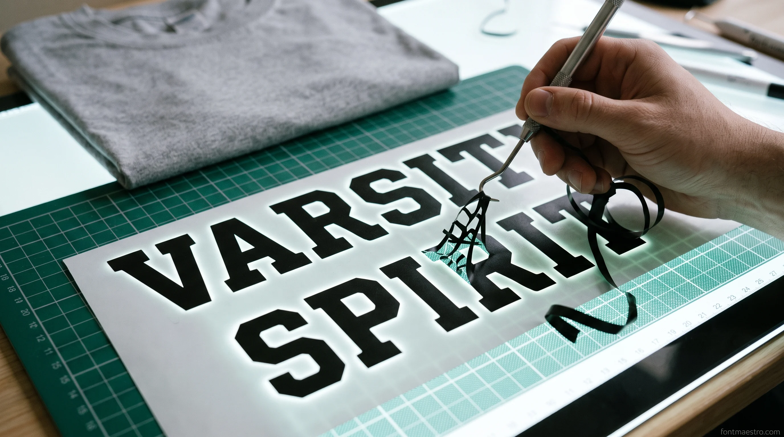 Cheer Fonts for Cricut That Weed Clean on Spirit Wear in 2026 5 Varsity Spirit block letters and jersey numbers weeded clean from HTV before pressing