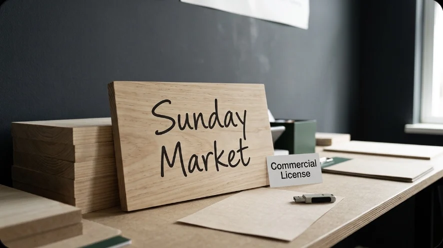 Handwriting Bundle Cricut font on a wood sign reading Sunday Market with a Commercial License tag