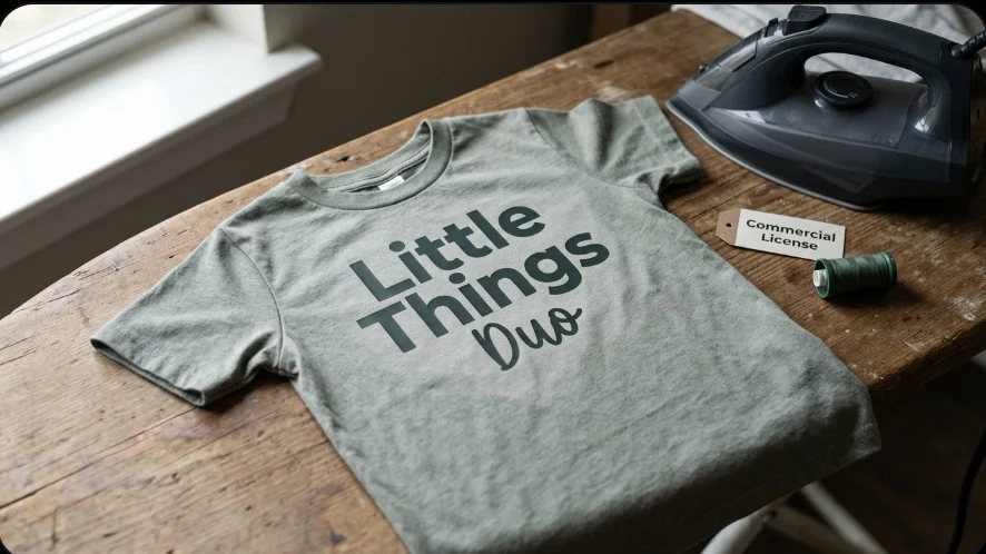 Little Things Duo Cricut font heat transfer vinyl on a childs shirt with a Commercial License tag