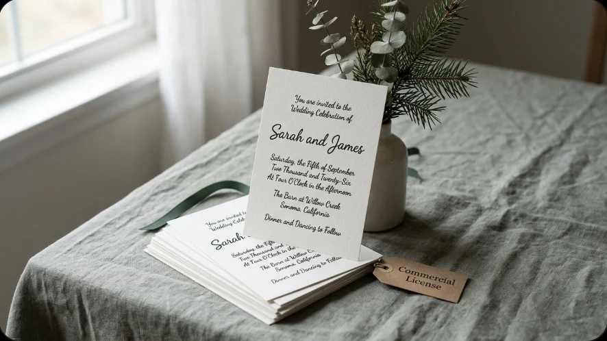 Simple Handwriting Cricut font on cardstock wedding invitations with a Commercial License tag