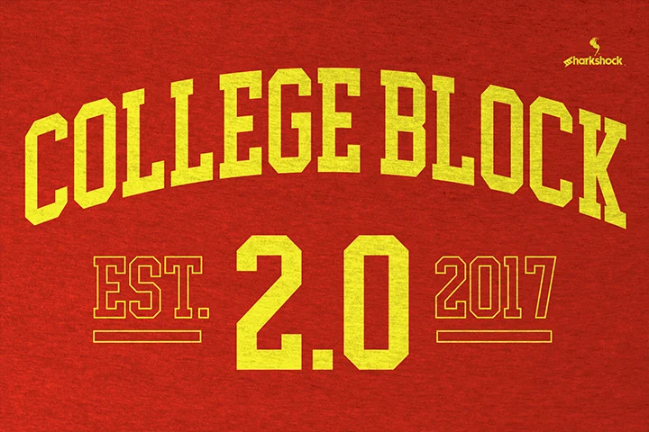 College Block 2.0 bold collegiate block font on a red shirt